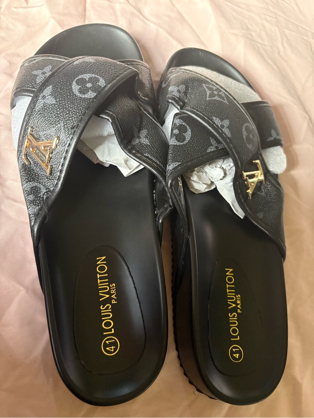 Louis Vuitton Black Monogram Cross-Strap Slide Sandals with Gold LV Hardware